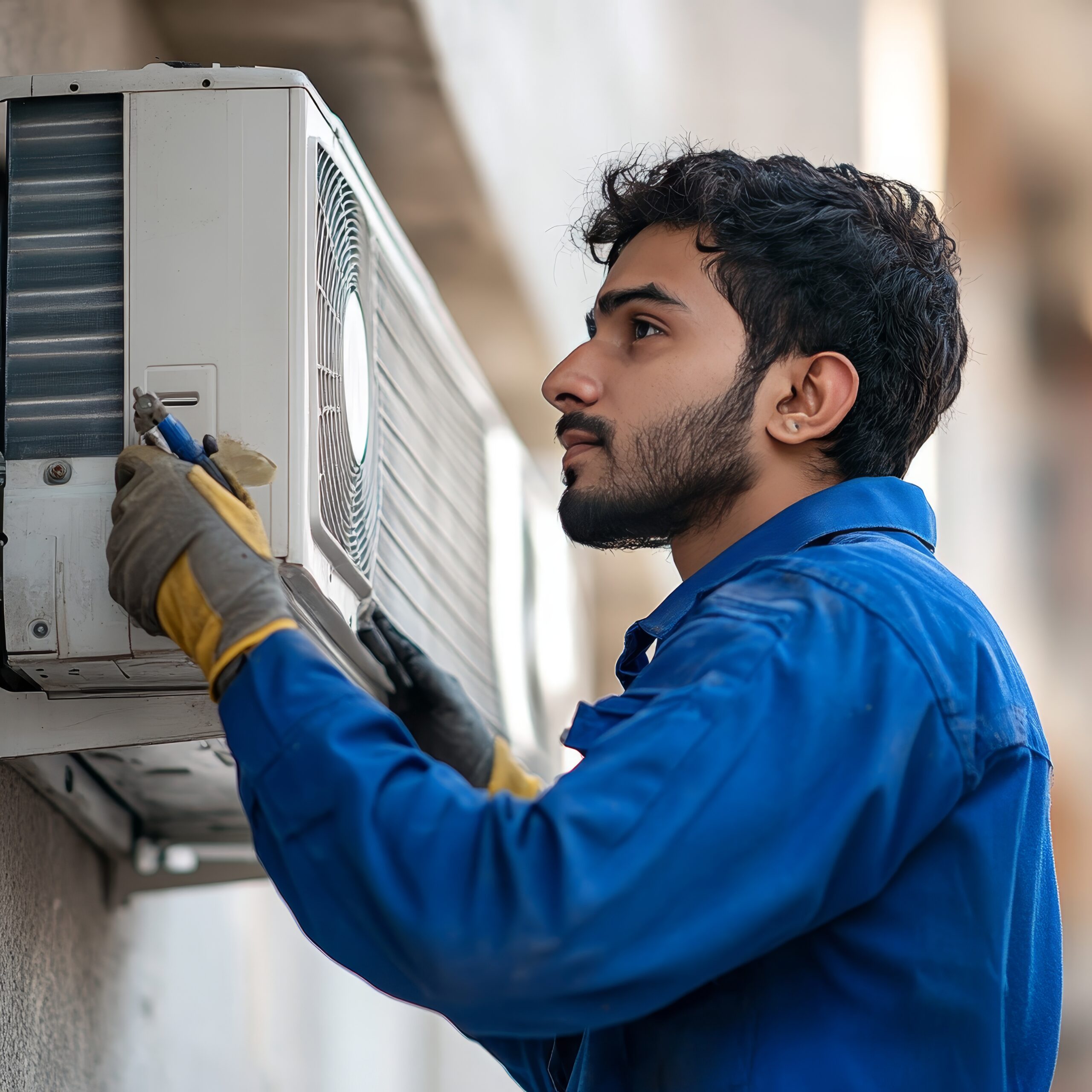 air conditioning technician blue clothes repairing ac unit