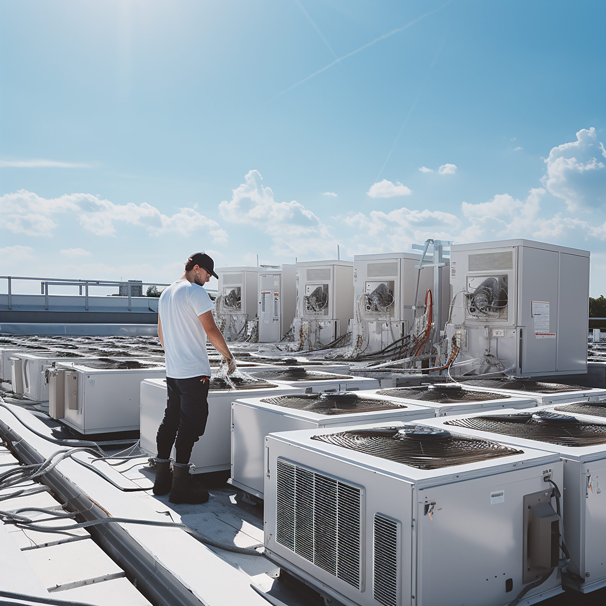 man working roof with large air conditioner