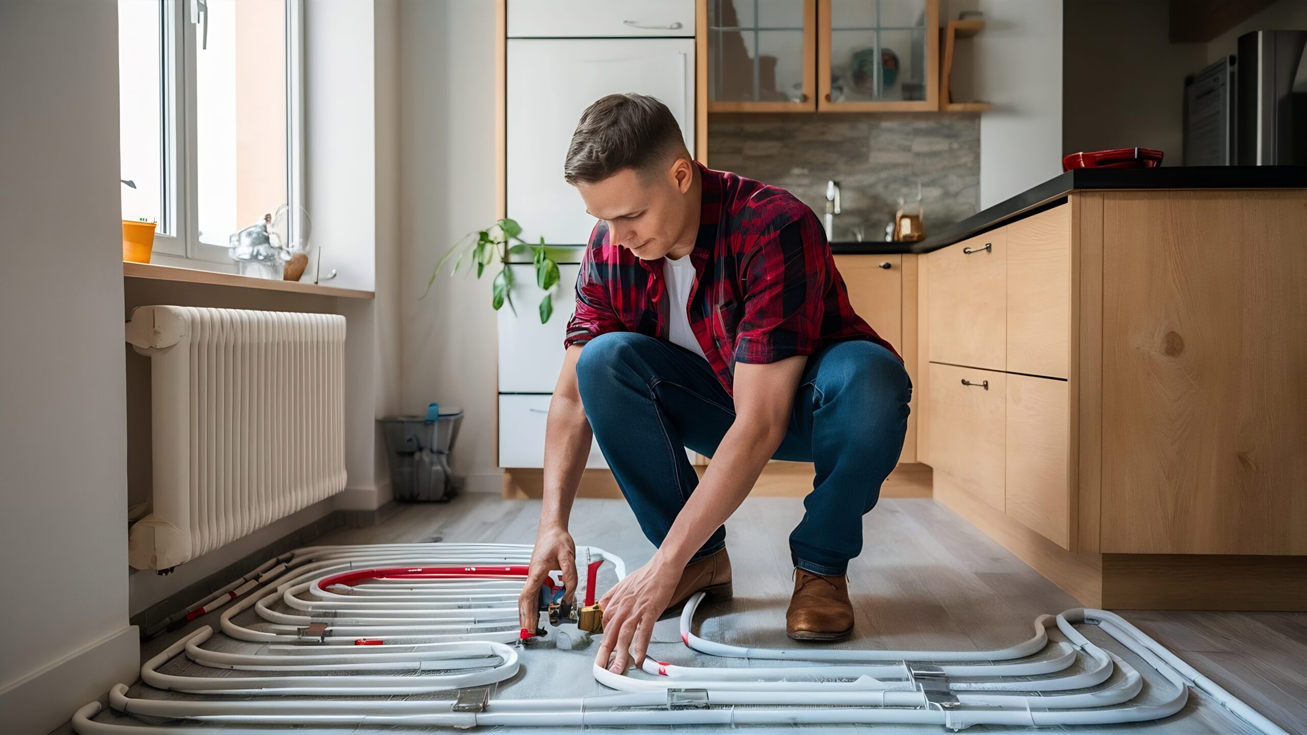 service man instelling house heating system floor